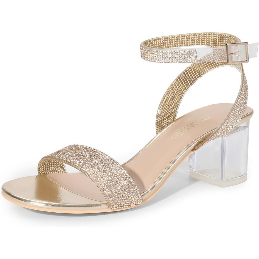 Dream Pairs Womens Gold Clear Faux Suede Rounded Toe Ankle Strap Heeled Sandal